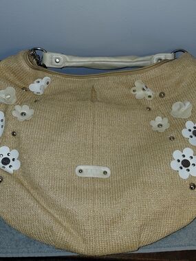 Elle Beige Woven Tote with Cream Leather Logo Plate